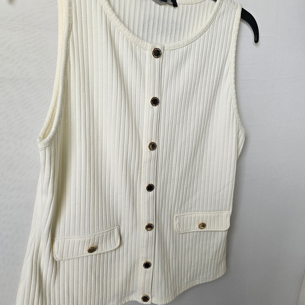 Marc New York Cream Ribbed Button-Front Tank with Gold Buttons - Picture 3 of 14